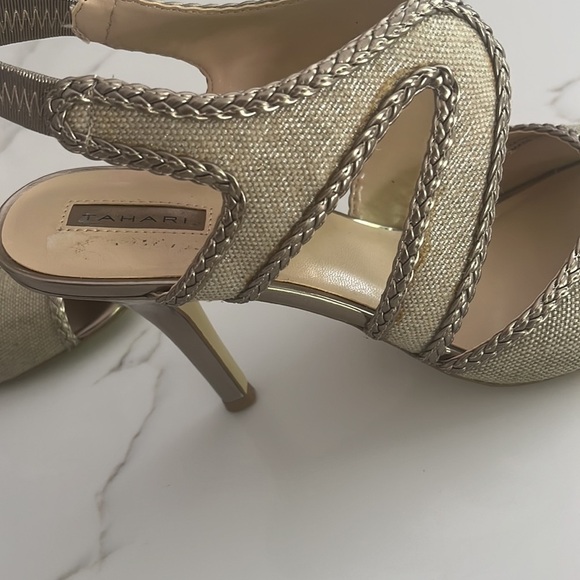 TAHARI Linen and Bronze Heeled Stiletto Sandals size 10 - Picture 10 of 10